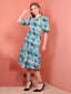 Teal Blue Printed Puff Sleeve Crepe Fit & Flare Midi Dress with Round Neck, Short Sleeves, Gathered Details, and Flared Hemline