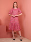 Pink Printed Puff Sleeve Crepe Fit & Flare Midi Dress with Round Neck, Short Sleeves, Gathered Details, and Flared Hemline