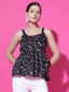 Black Floral Print Strappy Sleeveless Peplum Top for Women