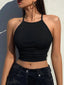Womens Black Solid Ribbed Helter Neck Slim Fit Crop Tank Top Istyle Can