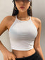 Womens White Solid Ribbed Helter Neck Slim Fit Crop Tank Top Istyle Can