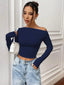 Istyle Can Solid Navy Blue Color Asymmetric Collar Pleated Cropped Top My Store