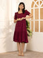 Maroon Exquisite Solid Pleated Fit and Flare Dress - Adjustable Waistline, Knee-Length, 3/4 Sleeves, Square Neck, A-Line