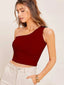 Maroon Solid Ribbed Sleeveless Single Shoulder Stretchable Slim Fit Crop Tank Top
