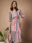 Red Zigzag Stripes Puff Sleeve Printed Fit & Flare Midi Dress with Round Neck, Short Sleeves, Gathered Details, and Flared Hemline