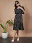 Black Exquisite Floral Printed Pleated Fit and Flare Dress - Adjustable Waistline, Knee-Length, 3/4 Sleeves, Square Neck, A-Line