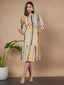 Mustard Zigzag Stripes Puff Sleeve Printed Fit & Flare Midi Dress with Round Neck, Short Sleeves, Gathered Details, and Flared Hemline
