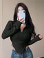 Istyle Can Black Women's Top Solid Long Sleeve Ribbed Asymmetric Hem Casual T-Shirt Istyle Can