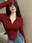 Istyle Can Maroon Women's Top Solid Long Sleeve Ribbed Asymmetric Hem Casual T-Shirt Istyle Can
