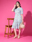 Sky Blue Floral Puff Sleeve Crepe Fit & Flare Midi Dress with Round Neck, Short Sleeves, Gathered Details, and Flared Hemline
