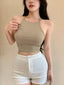 Womens Beige Solid Ribbed Helter Neck Slim Fit Crop Tank Top Istyle Can