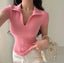 Istyle Can Soft Pink Polyester Women's Top Solid Short Sleeve Ribbed Asymmetric Hem Casual T-Shirt Istyle Can