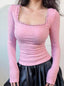 Istyle Can Soft Pink Women’s Ribbed Square Neck Puff Sleeve Top Istyle Can