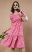 Pink Exquisite Floral Printed Pleated Fit and Flare Dress - Adjustable Waistline, Knee-Length, 3/4 Sleeves, Square Neck, A-Line