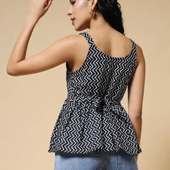 Istyle Can Black Zig-Zags Jaipuri Cotton Printed Scoop Neck Strappy Sleeveless Top for Women My Store