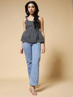 Istyle Can Black Zig-Zags Jaipuri Cotton Printed Scoop Neck Strappy Sleeveless Top for Women My Store