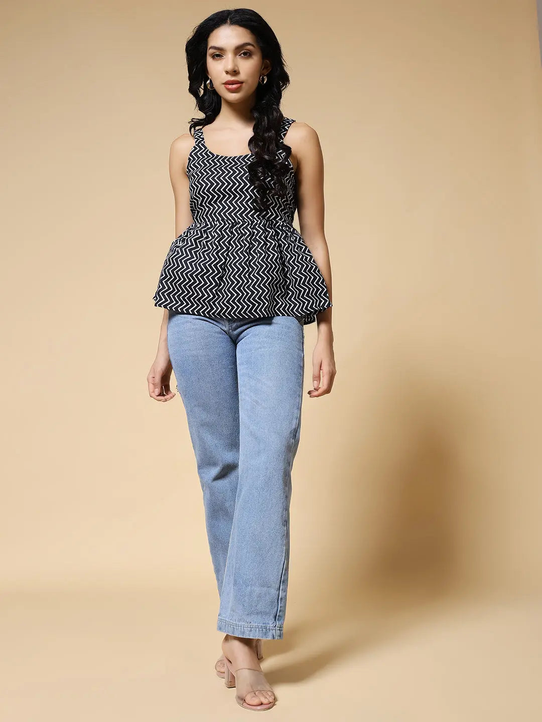 Istyle Can Black Zig-Zags Jaipuri Cotton Printed Scoop Neck Strappy Sleeveless Top for Women My Store