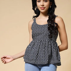Istyle Can Black Zig-Zags Jaipuri Cotton Printed Scoop Neck Strappy Sleeveless Top for Women My Store