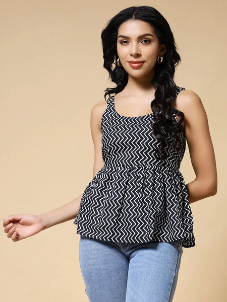 Istyle Can Black Zig-Zags Jaipuri Cotton Printed Scoop Neck Strappy Sleeveless Top for Women My Store