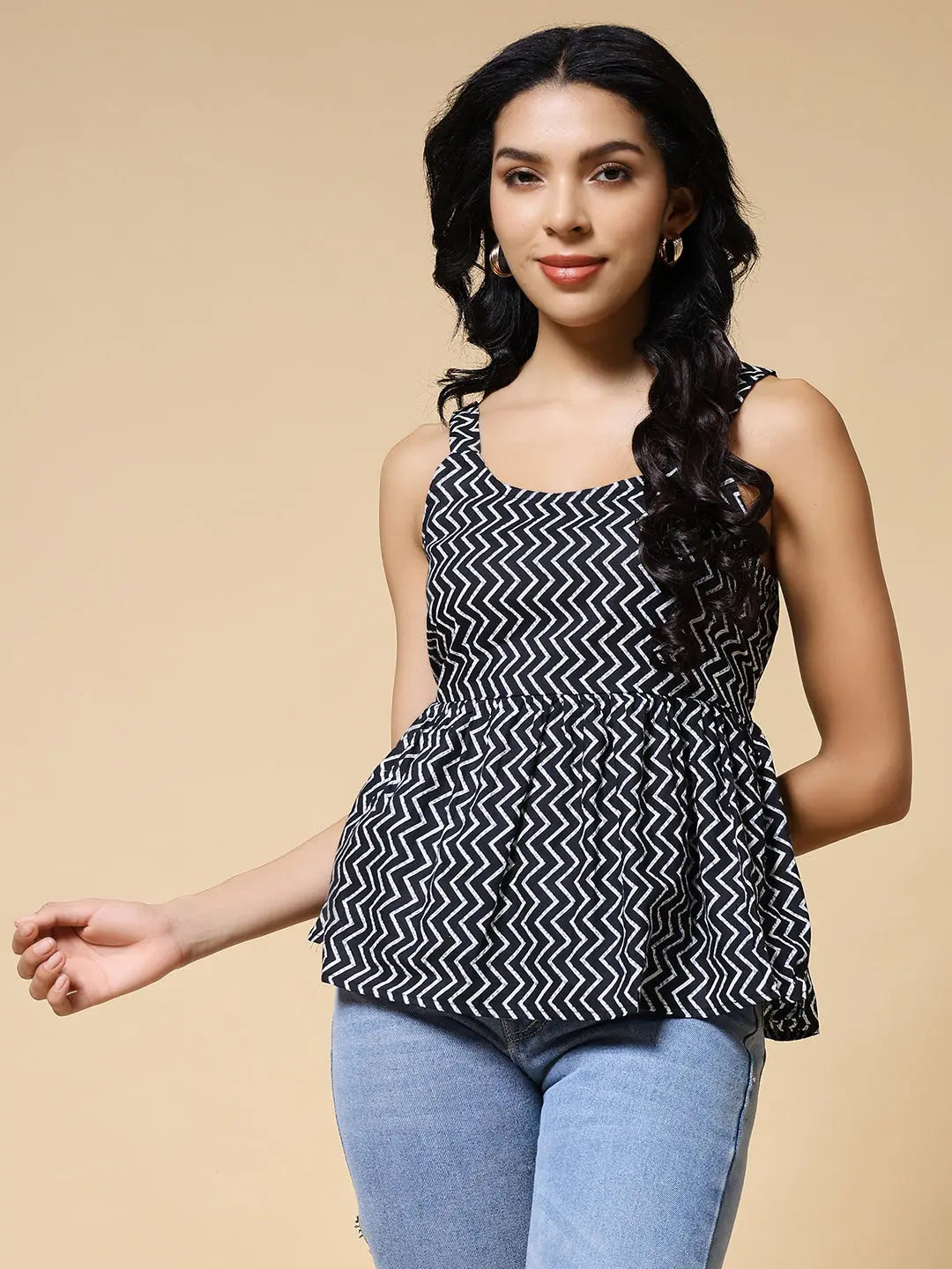 Istyle Can Black Zig-Zags Jaipuri Cotton Printed Scoop Neck Strappy Sleeveless Top for Women My Store