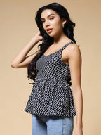 Istyle Can Black Zig-Zags Jaipuri Cotton Printed Scoop Neck Strappy Sleeveless Top for Women My Store