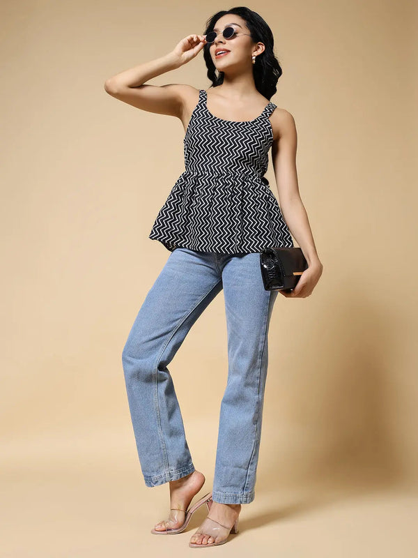 Istyle Can Black Zig-Zags Jaipuri Cotton Printed Scoop Neck Strappy Sleeveless Top for Women My Store