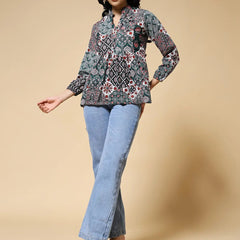 Istyle Can Green Jaipuri Cotton Women's Regular Fit Mandarin Collar Full Sleeve Printed Top My Store