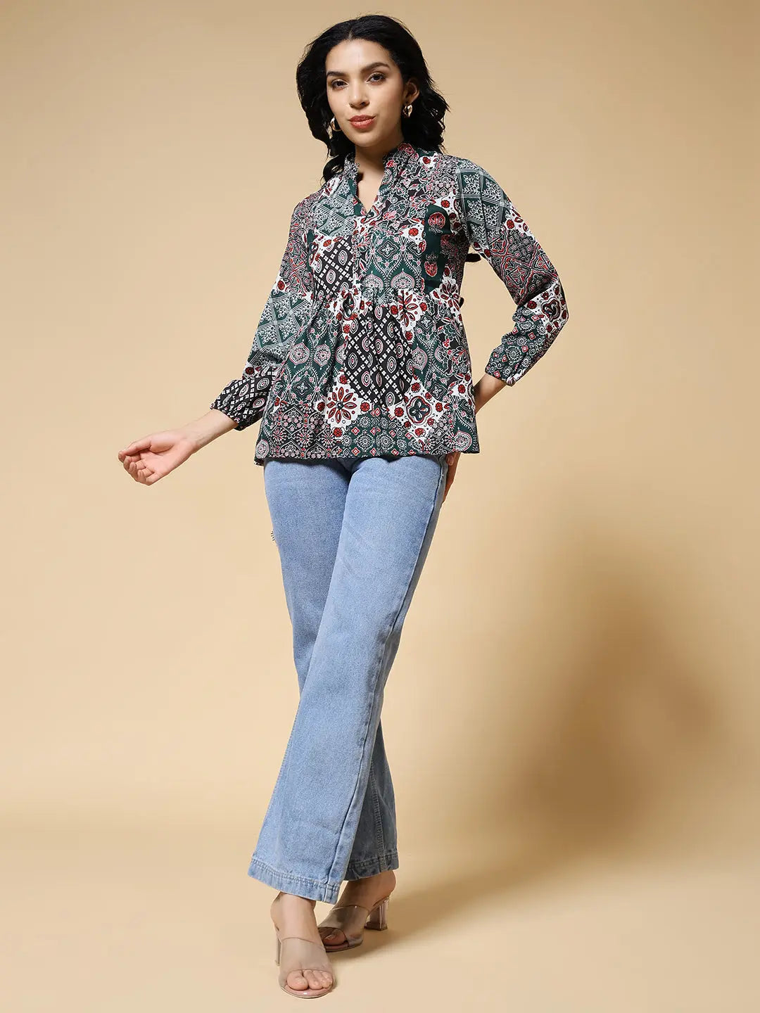 Istyle Can Green Jaipuri Cotton Women's Regular Fit Mandarin Collar Full Sleeve Printed Top Secondary image