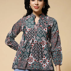 Istyle Can Green Jaipuri Cotton Women's Regular Fit Mandarin Collar Full Sleeve Printed Top My Store