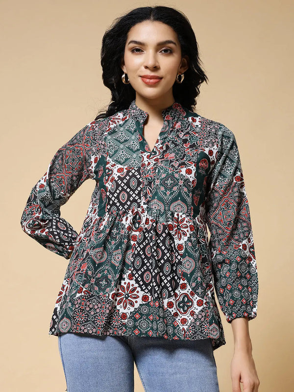 Istyle Can Green Jaipuri Cotton Women's Regular Fit Mandarin Collar Full Sleeve Printed Top My Store