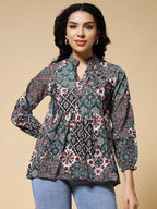 Istyle Can Green Jaipuri Cotton Women's Regular Fit Mandarin Collar Full Sleeve Printed Top My Store