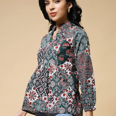 Istyle Can Green Jaipuri Cotton Women's Regular Fit Mandarin Collar Full Sleeve Printed Top My Store