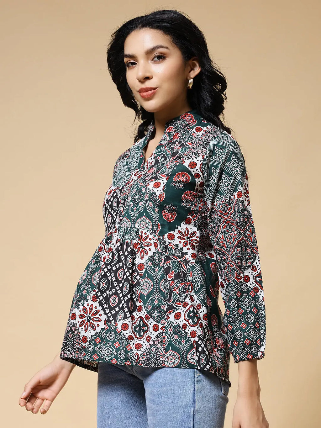 Istyle Can Green Jaipuri Cotton Women's Regular Fit Mandarin Collar Full Sleeve Printed Top My Store