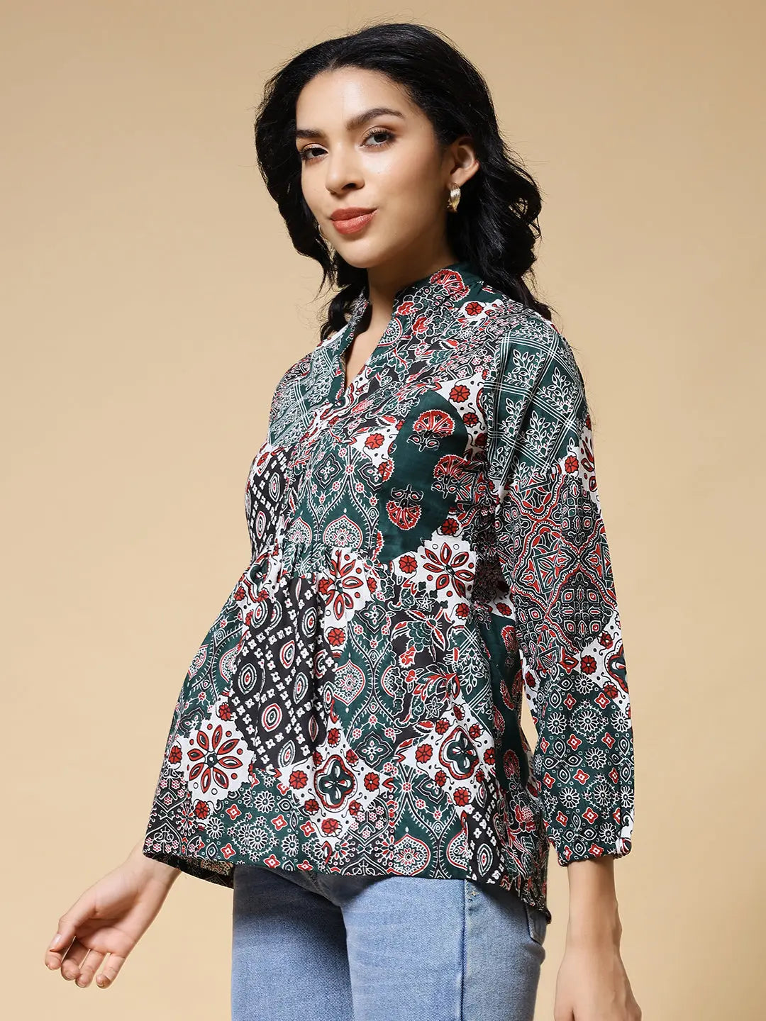 Istyle Can Green Jaipuri Cotton Women's Regular Fit Mandarin Collar Full Sleeve Printed Top My Store
