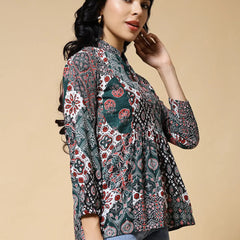 Istyle Can Green Jaipuri Cotton Women's Regular Fit Mandarin Collar Full Sleeve Printed Top My Store
