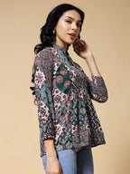 Istyle Can Green Jaipuri Cotton Women's Regular Fit Mandarin Collar Full Sleeve Printed Top My Store