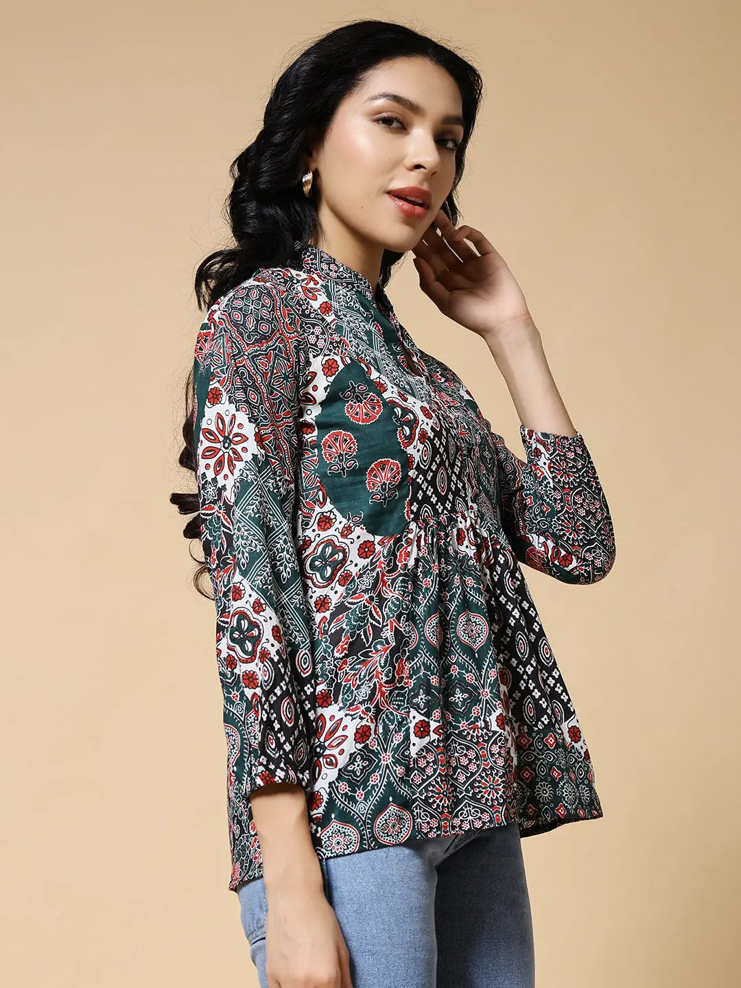 Istyle Can Green Jaipuri Cotton Women's Regular Fit Mandarin Collar Full Sleeve Printed Top My Store