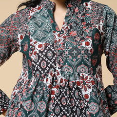 Istyle Can Green Jaipuri Cotton Women's Regular Fit Mandarin Collar Full Sleeve Printed Top My Store