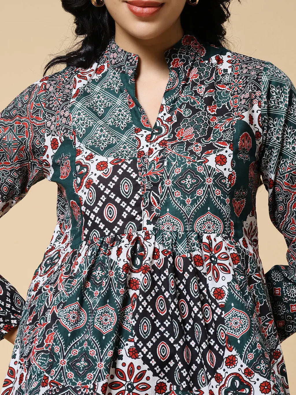 Istyle Can Green Jaipuri Cotton Women's Regular Fit Mandarin Collar Full Sleeve Printed Top My Store