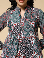 Istyle Can Green Jaipuri Cotton Women's Regular Fit Mandarin Collar Full Sleeve Printed Top My Store