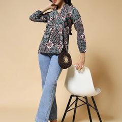 Istyle Can Green Jaipuri Cotton Women's Regular Fit Mandarin Collar Full Sleeve Printed Top My Store