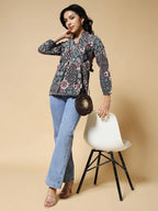 Istyle Can Green Jaipuri Cotton Women's Regular Fit Mandarin Collar Full Sleeve Printed Top My Store