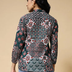 Istyle Can Green Jaipuri Cotton Women's Regular Fit Mandarin Collar Full Sleeve Printed Top My Store