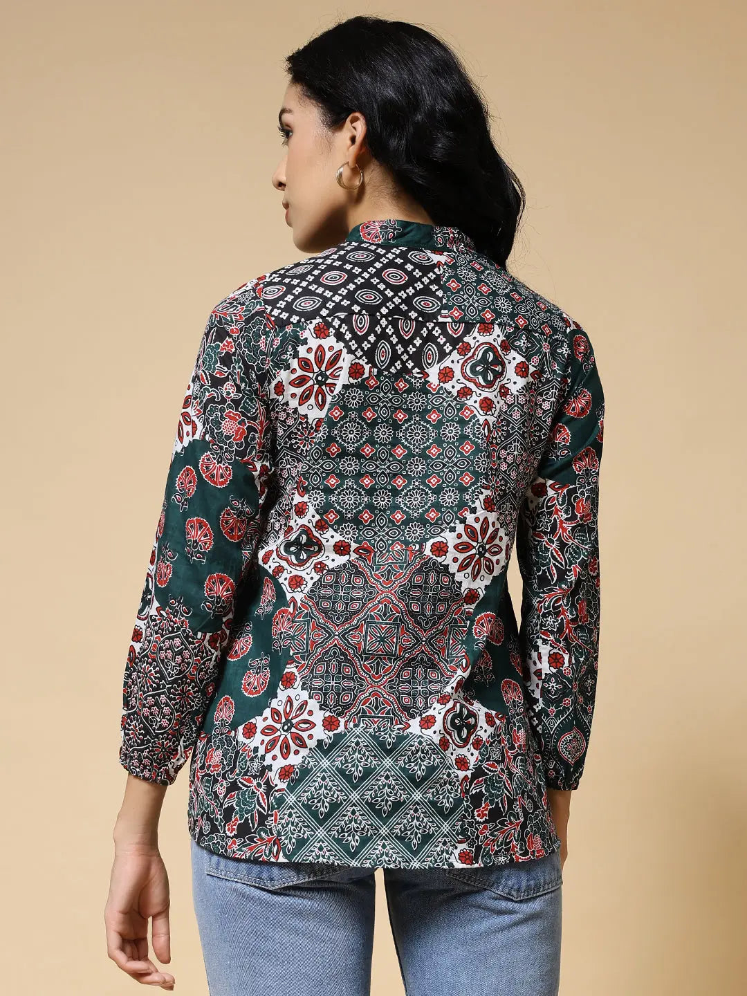Istyle Can Green Jaipuri Cotton Women's Regular Fit Mandarin Collar Full Sleeve Printed Top My Store