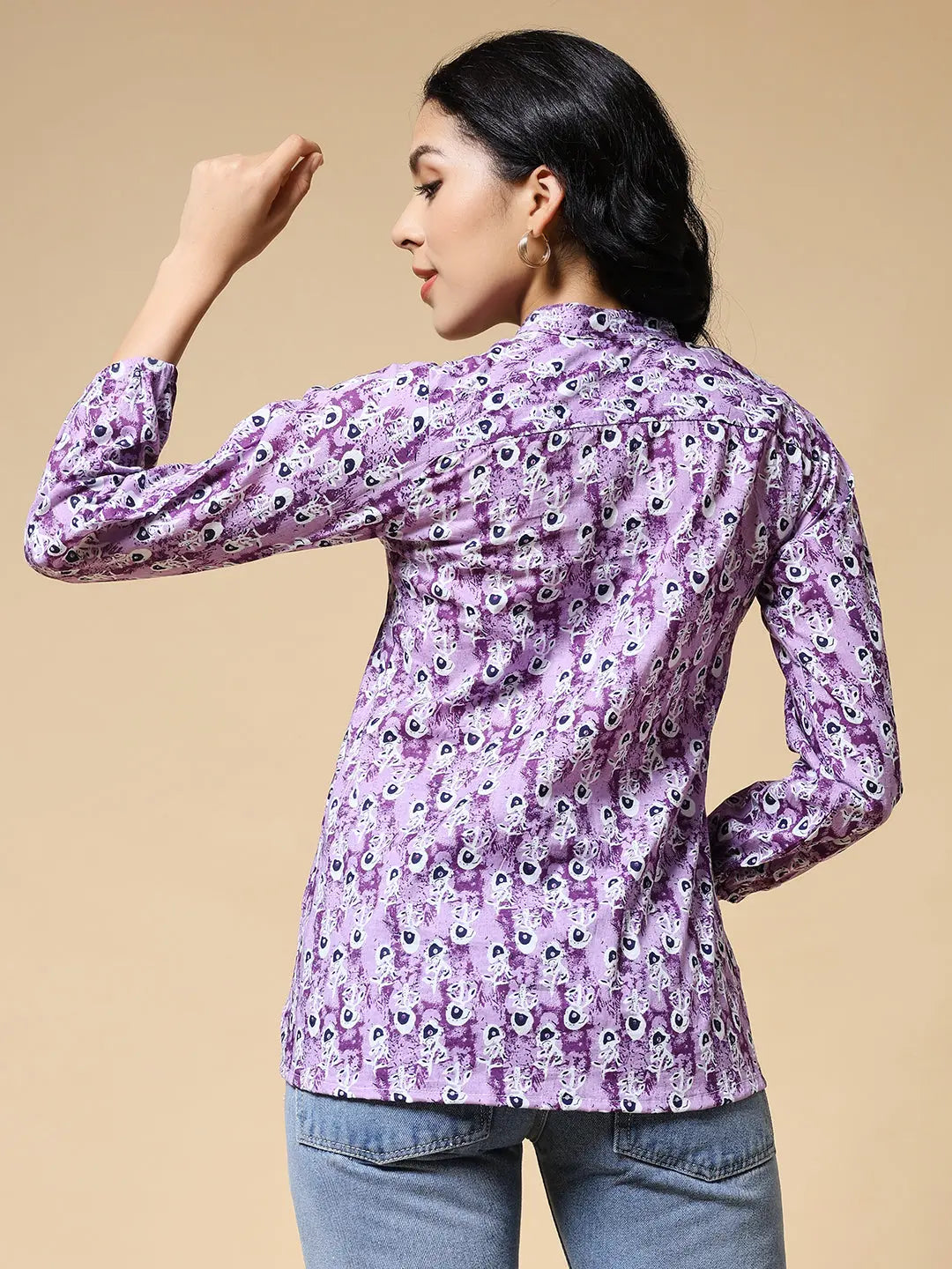 Istyle Can Purple Peacock Motif Jaipuri Cotton Women's Regular Fit Mandarin Collar Full Sleeve Printed Top Secondary image