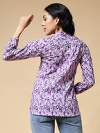 Istyle Can Purple Peacock Motif Jaipuri Cotton Women's Regular Fit Mandarin Collar Full Sleeve Printed Top My Store