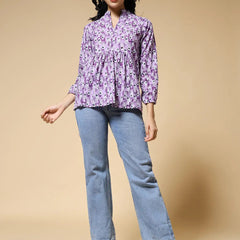 Istyle Can Purple Peacock Motif Jaipuri Cotton Women's Regular Fit Mandarin Collar Full Sleeve Printed Top My Store