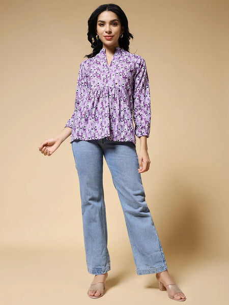 Istyle Can Purple Peacock Motif Jaipuri Cotton Women's Regular Fit Mandarin Collar Full Sleeve Printed Top My Store