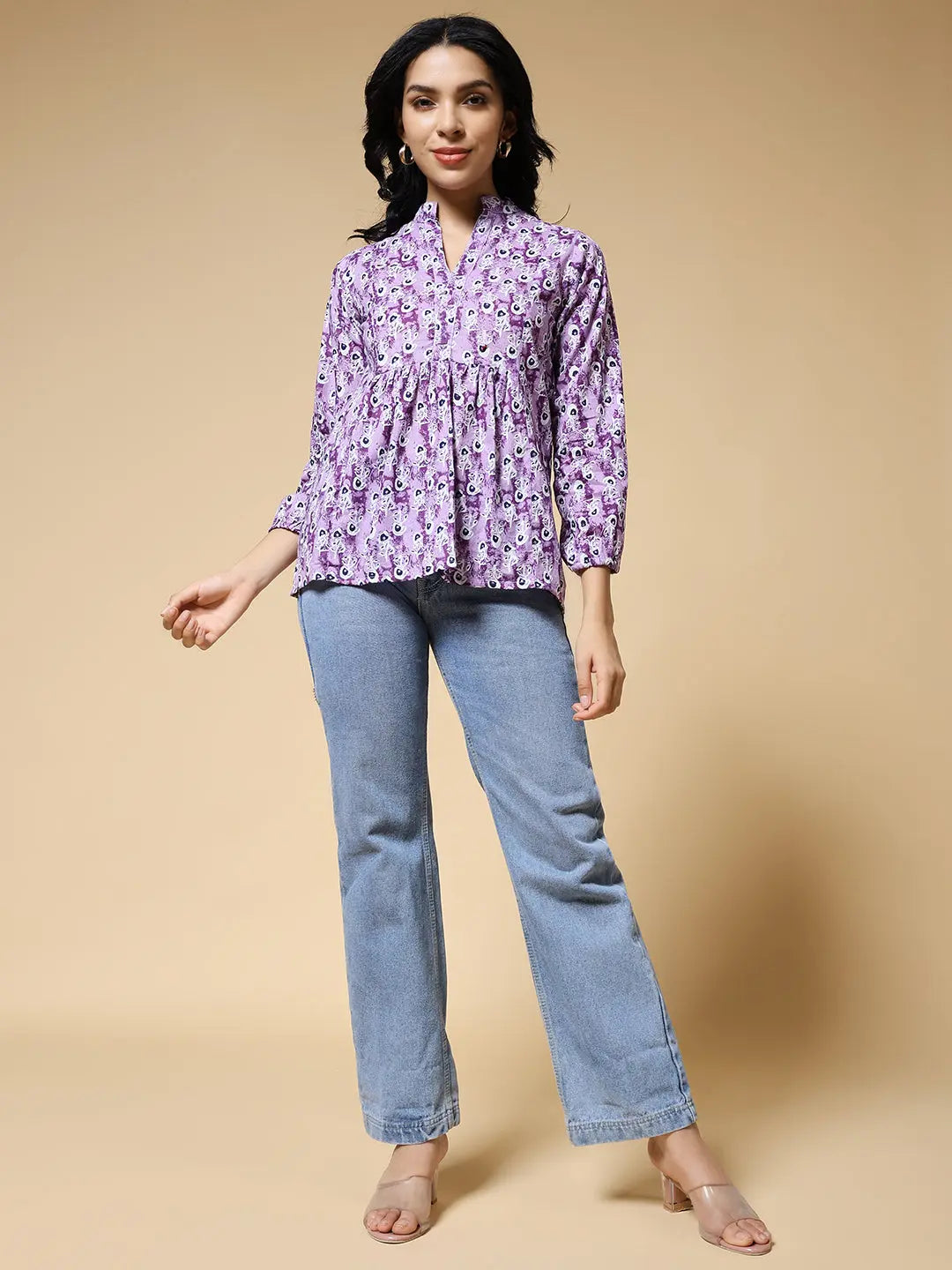 Istyle Can Purple Peacock Motif Jaipuri Cotton Women's Regular Fit Mandarin Collar Full Sleeve Printed Top My Store