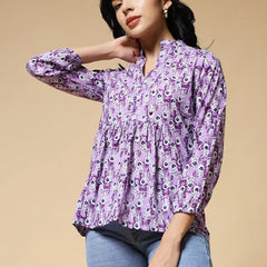 Istyle Can Purple Peacock Motif Jaipuri Cotton Women's Regular Fit Mandarin Collar Full Sleeve Printed Top My Store
